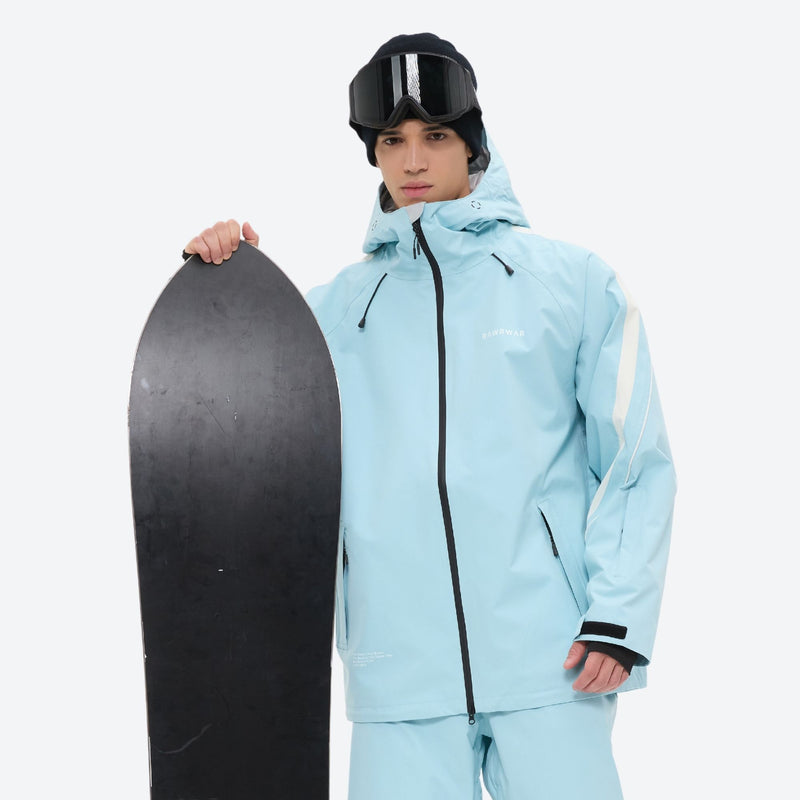 Men's 3-layer snowboard jacket and pants - ice blue, on-model front with upright snowboard, for cold-weather winter sports