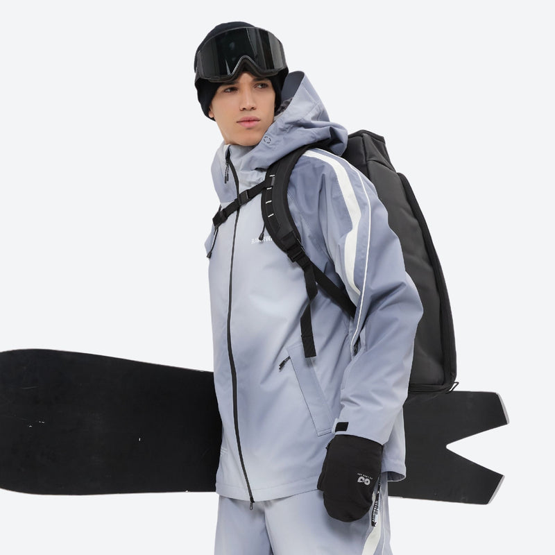 Men's 3-layer snowboard jacket and pants - light gray gradient, for resort and backcountry days