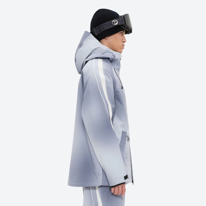 Men's 3-layer snowboard jacket and pants - light gray gradient, on-model side view, for skiing and snowboarding