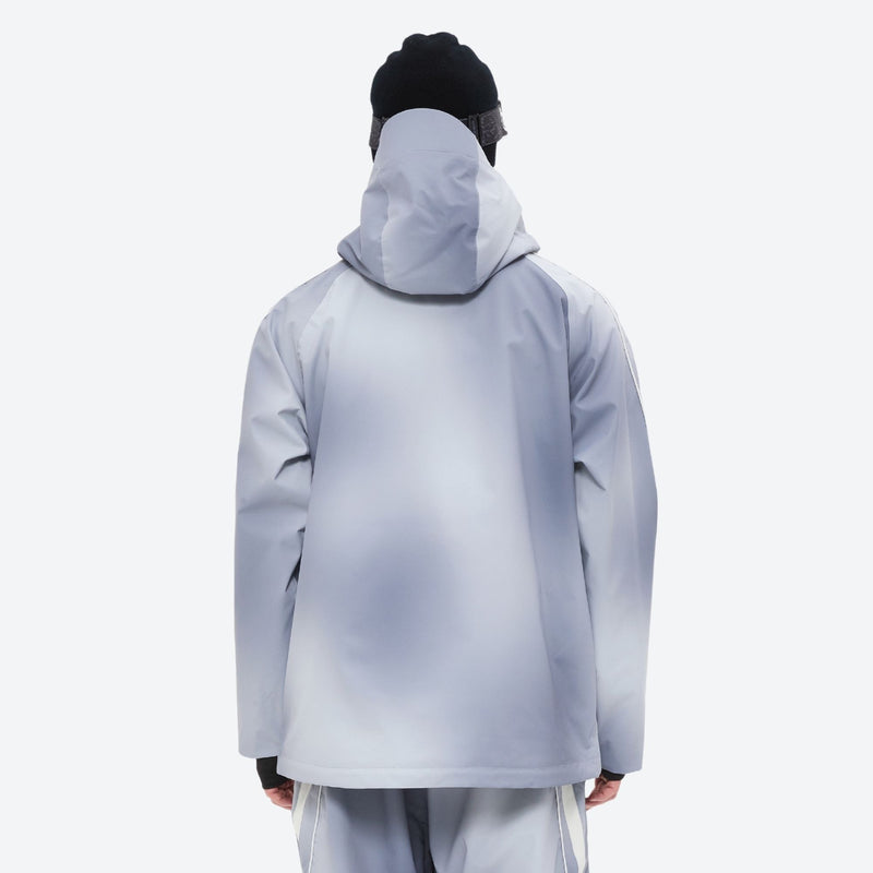 Men's gradient print breathable ski jacket set - light gray gradient, on-model back hood view, for powder and piste riding