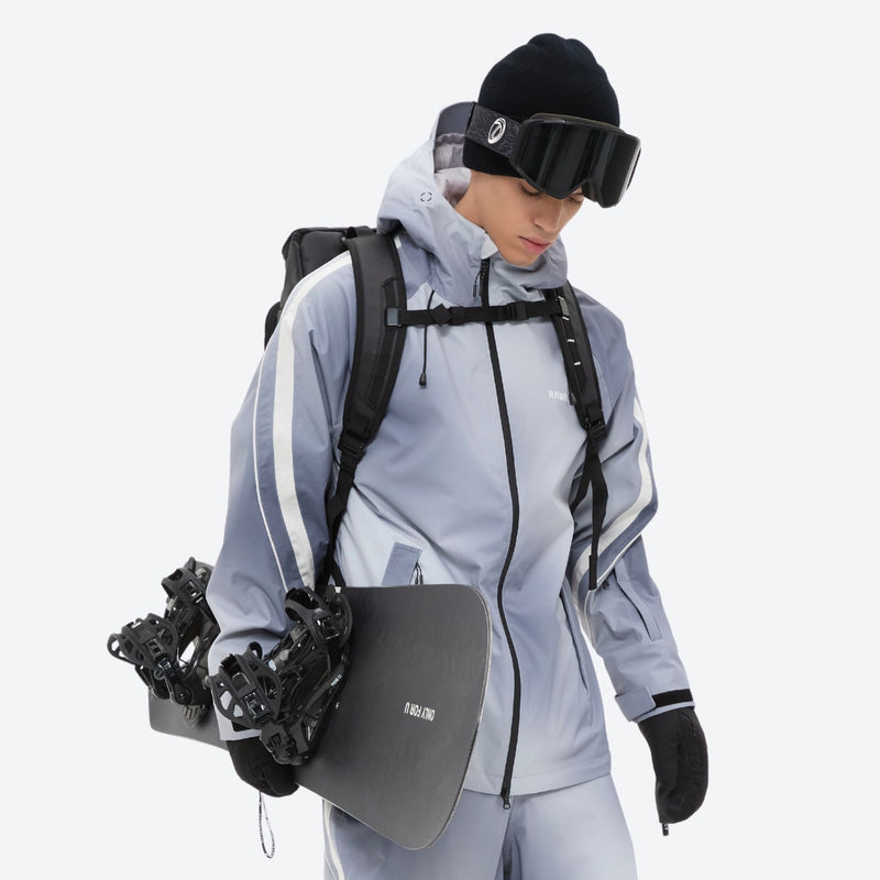 Men's 3-layer snowboard jacket and pants - light gray gradient jacket with gradient pants, for powder and piste riding