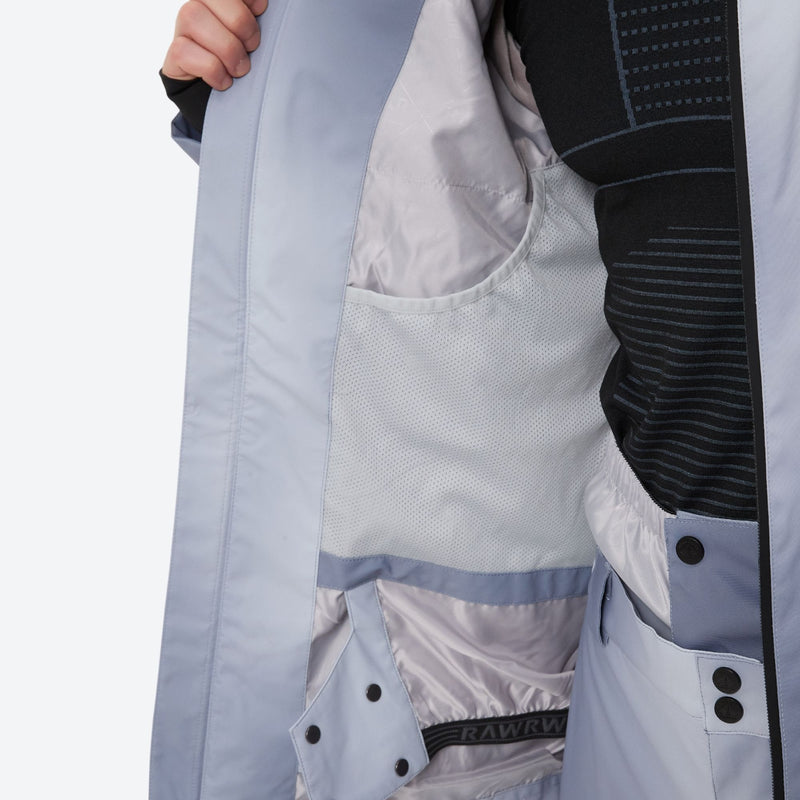 Men's 3-layer snowboard jacket and pants - light gray gradient, interior lining close-up detail, for skiing and snowboarding