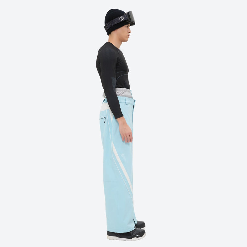 Men's 3-layer snowboard jacket and pants - ice blue snow pants, on-model side view, for skiing and snowboarding