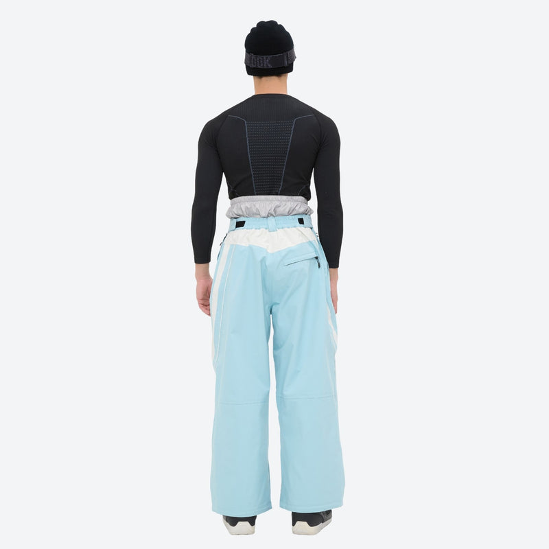 Men's waterproof 3L snow jacket and pants series - ice blue snow pants, on-model back view, for resort and backcountry days