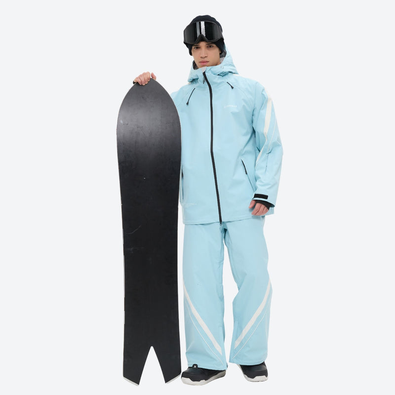 Men's gradient print breathable ski jacket set - ice blue jacket with ice blue pants, for powder and piste riding