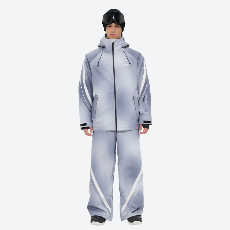 Men's waterproof 3L snow jacket and pants series - light gray gradient jacket with gradient pants 42