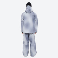 
                  
                    Men's waterproof 3L snow jacket and pants series - light gray gradient jacket with gradient pants, on-model back hood view
                  
                