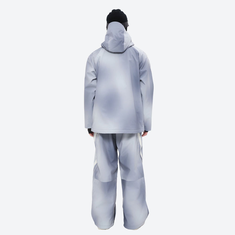 Men's waterproof 3L snow jacket and pants series - light gray gradient jacket with gradient pants, on-model back hood view
