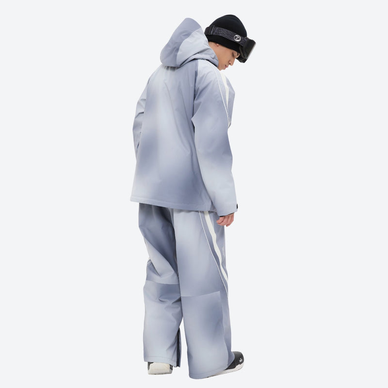Men's gradient print breathable ski jacket set - light gray gradient jacket with gradient pants, for powder and piste riding