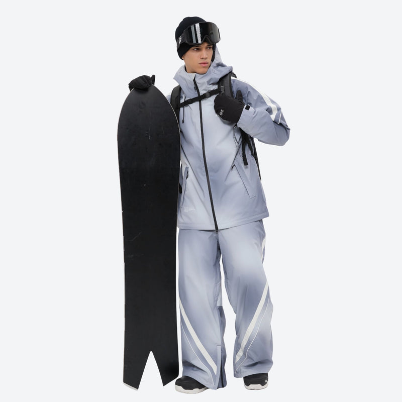 Men's gradient print breathable ski jacket set - light gray gradient jacket with gradient pants, for skiing and snowboarding