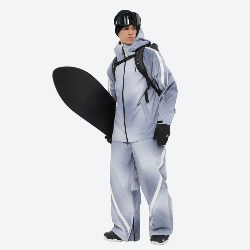 Men's 3-layer snowboard jacket and pants - light gray gradient jacket with gradient pants, fully taped seams keep snow out