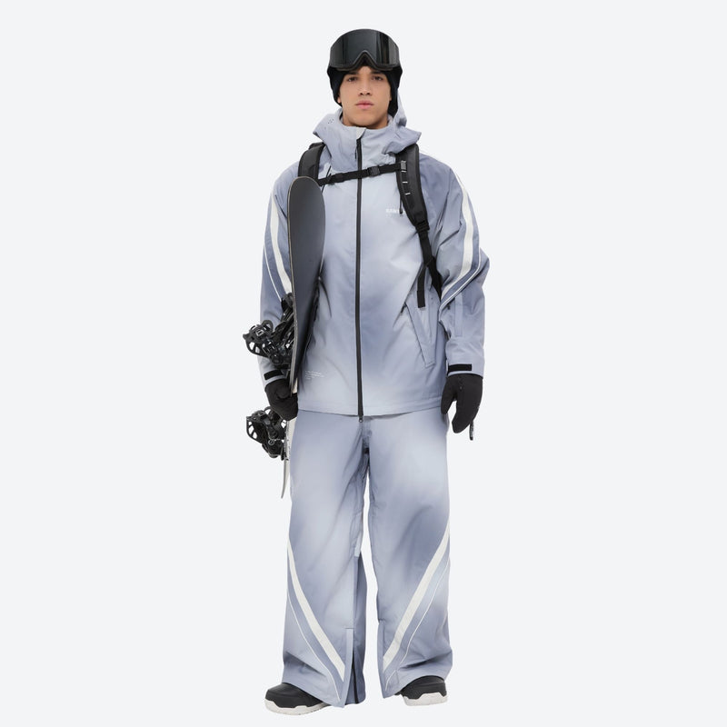 Men's 3-layer snowboard jacket and pants - light gray gradient jacket with gradient pants, hem snow gaiters keep snow out