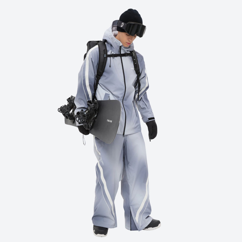 Men's waterproof 3L snow jacket and pants series - light gray gradient jacket with gradient pants