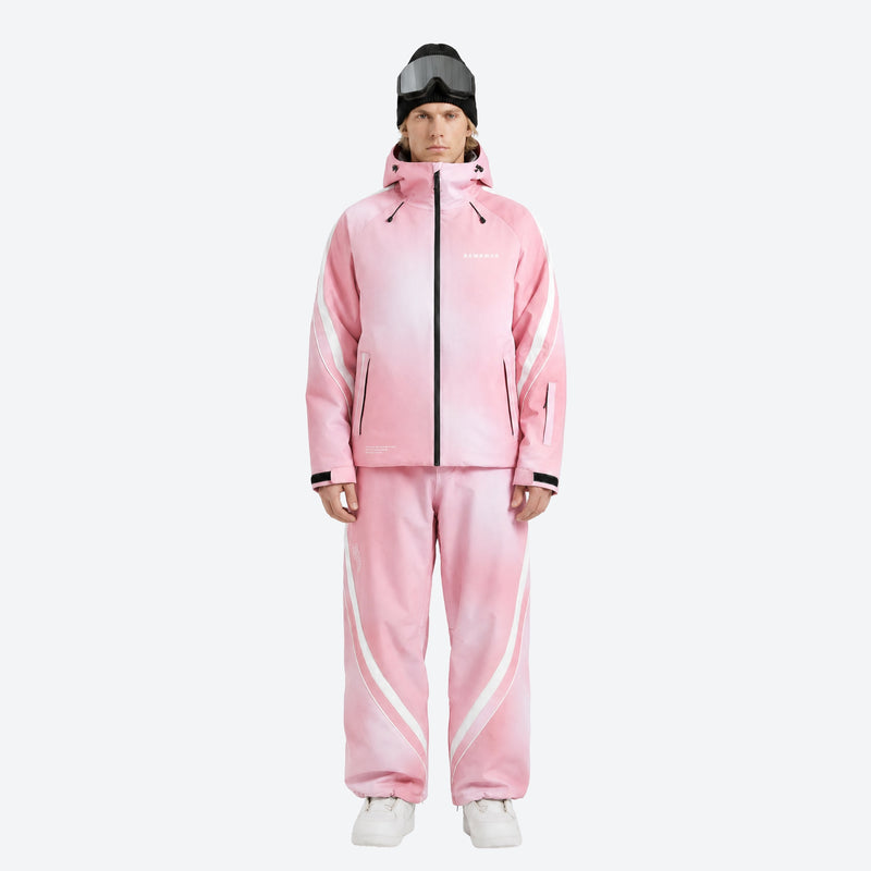 Men's 3-layer snowboard jacket and pants - pink gradient jacket with pink pants, for cold-weather winter sports