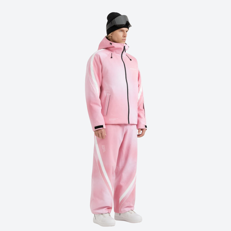 Men's waterproof 3L snow jacket and pants series - pink gradient jacket with pink pants, for skiing and snowboarding