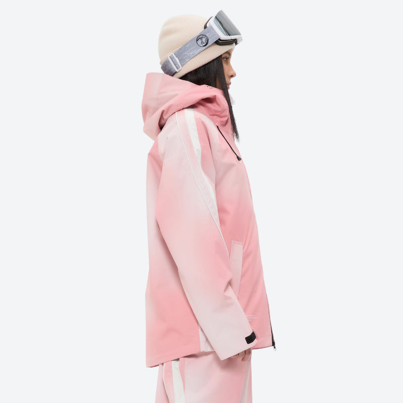 Women's 3-layer snowboard jacket and pants - pink gradient jacket, on-model side view, for resort and street wear