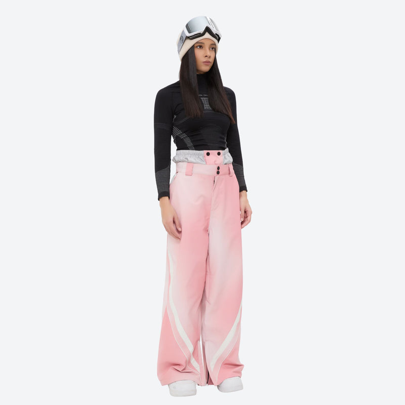 Women's gradient print breathable ski jacket set - pink gradient snow pants with black top, on-model three-quarter front view