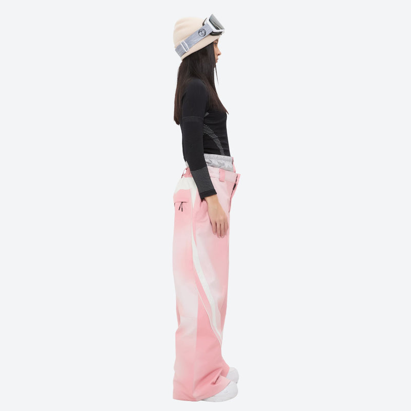 Women's 3-layer snowboard jacket and pants - pink gradient snow pants with black top, for cold-weather winter sports