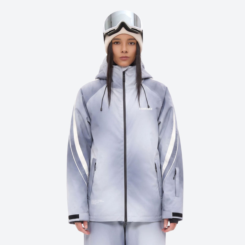 Women's 3-layer snowboard jacket and pants - lavender gradient jacket, on-model front view, for cold-weather winter sports