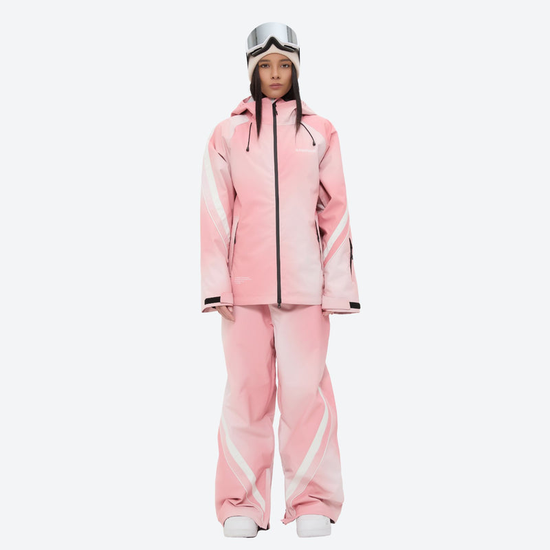 Women's 3-layer snowboard jacket and pants - pink gradient jacket with pink gradient pants, for skiing and snowboarding