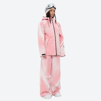 
                  
                    Women's 3-layer snowboard jacket and pants - pink gradient jacket with pink gradient pants, for cold-weather winter sports
                  
                
