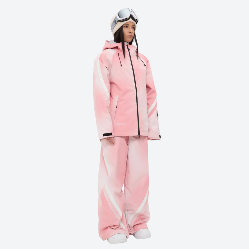 Women's 3-layer snowboard jacket and pants - pink gradient jacket with pink gradient pants, for cold-weather winter sports