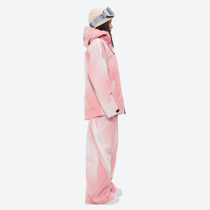 Women's waterproof 3L snow jacket and pants - pink gradient jacket with pink gradient pants, for skiing and snowboarding