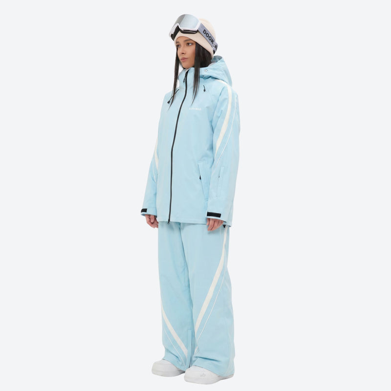 Women's waterproof 3L snow jacket and pants - ice blue jacket with ice blue pants, for resort and street wear