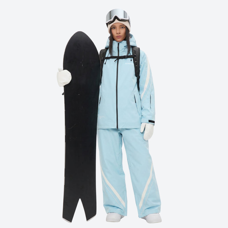Women's 3-layer snowboard jacket and pants - ice blue jacket with ice blue pants, for skiing and snowboarding
