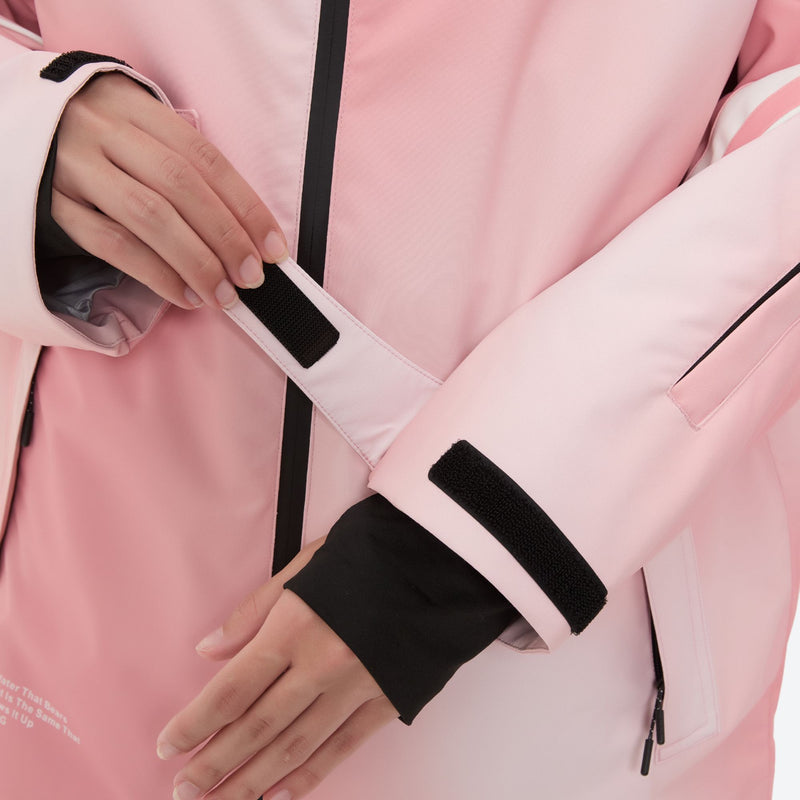 Women's 3-layer snowboard jacket and pants - pink gradient jacket, reflective piping for low light