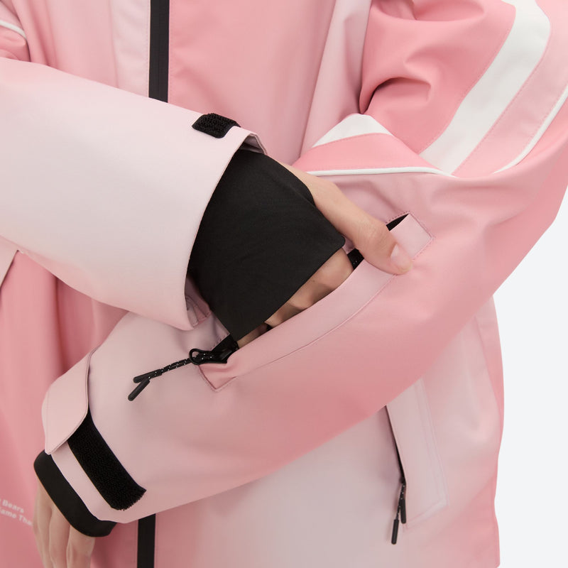 Women's 3-layer snowboard jacket and pants - pink gradient jacket, cuff inner close-up with hand, for resort and street wear