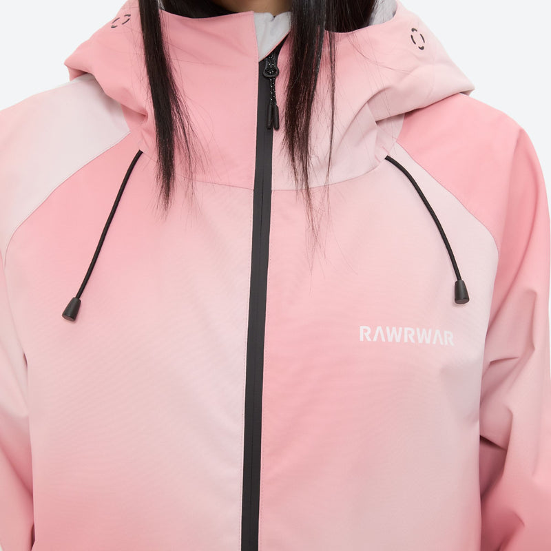 Women's waterproof 3L snow jacket and pants - pink gradient jacket, collar close-up detail, for resort and street wear