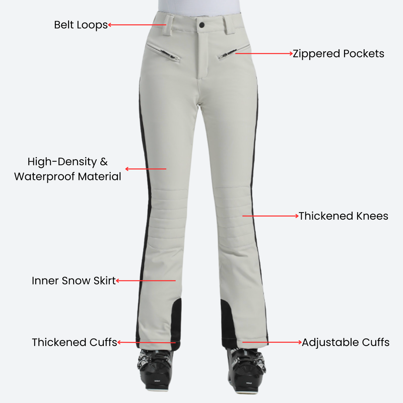 Women's slim waterproof ski trousers for resort - cream ski pants with black side stripe, for winter mountain trips