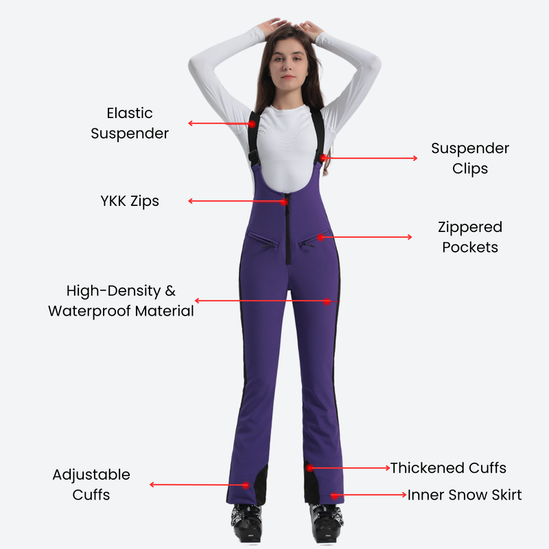 Women's slim fit waterproof ski bib pants - purple slim fit ski bib, structure feature infographic, for winter mountain trips