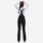 Women's slim fit waterproof ski bib pants - black slim fit ski bib, back view with hands at head, for snow sports weekends