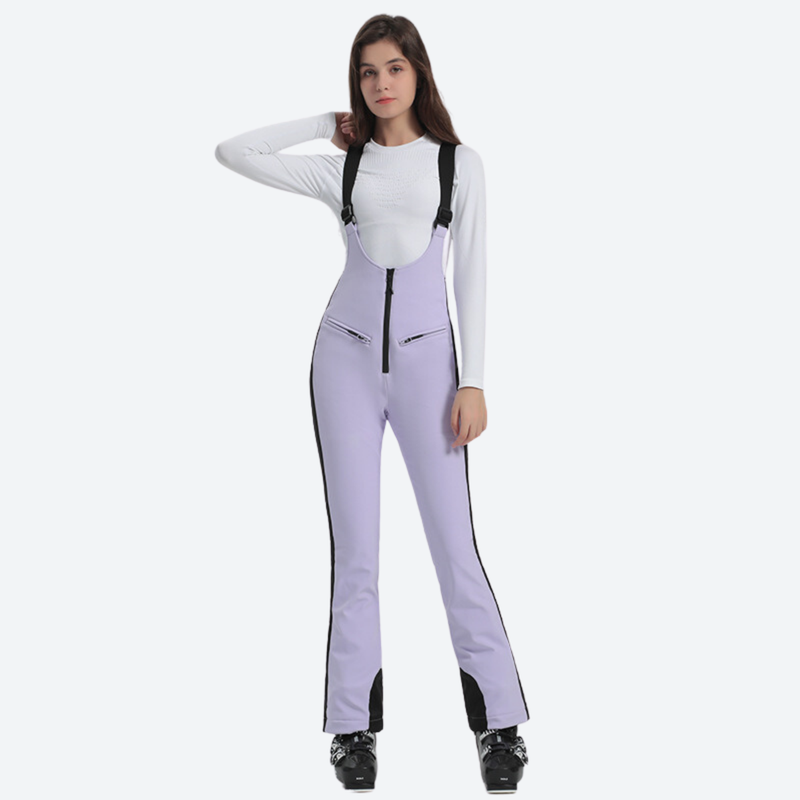 Women's stretchable ski bib with adjustable suspenders - lavender slim fit ski bib with black side stripe