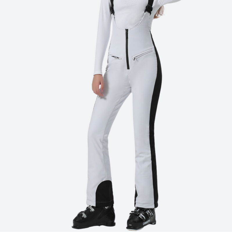 Women's slim fit waterproof ski bib pants - white slim fit ski bib with black side stripe, for resort ski days