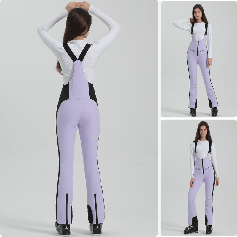 Women's slim fit waterproof ski bib pants - lavender slim fit ski bib with black side stripe, for resort ski days