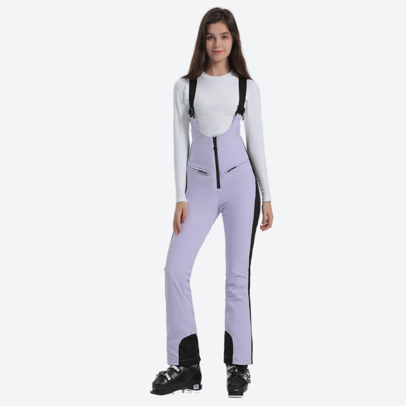 Women's slim fit waterproof ski bib pants - lavender slim fit ski bib with black side stripe, for skiing and snowboarding