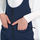 Women's slim fit waterproof ski bib pants - navy slim fit ski bib, waist pocket both hands close-up, for snow sports weekends