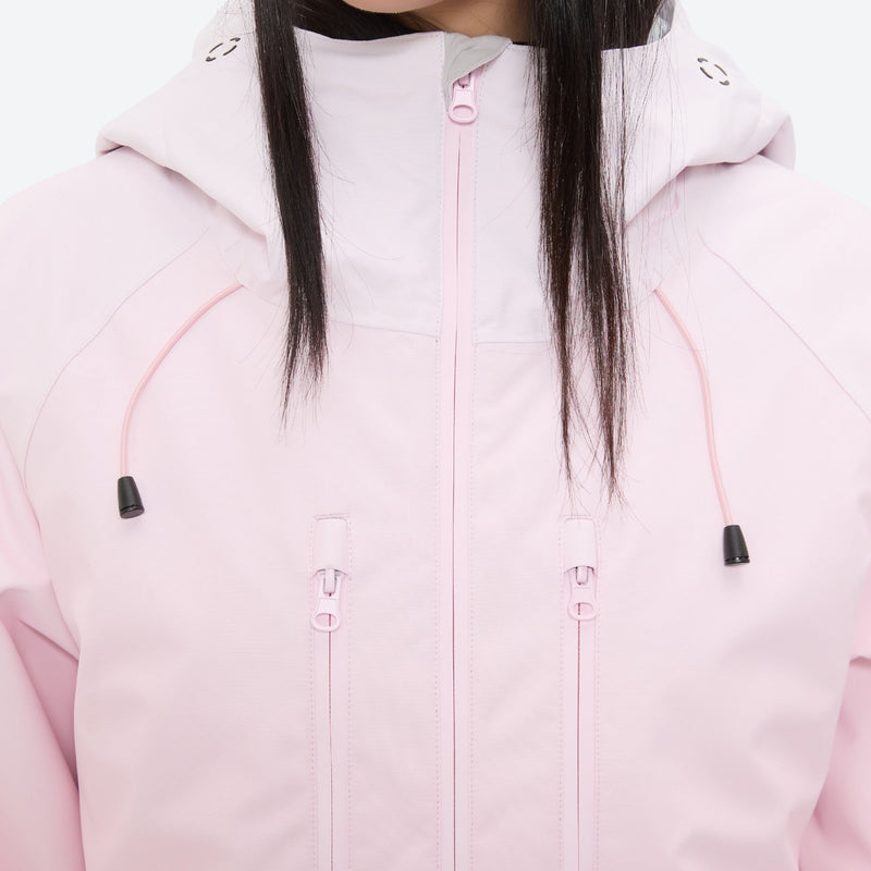 Women's waterproof 3L snow jacket and pants series - light pink, collar close-up detail, for resort and backcountry days