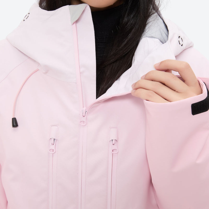 Women's breathable ski jacket set in pastel colors - light pink, collar close-up with hand, for powder and piste riding