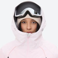 
                  
                    Women's 3-layer snowboard jacket and pants - light pink, hood and face close-up with goggles, for skiing and snowboarding
                  
                