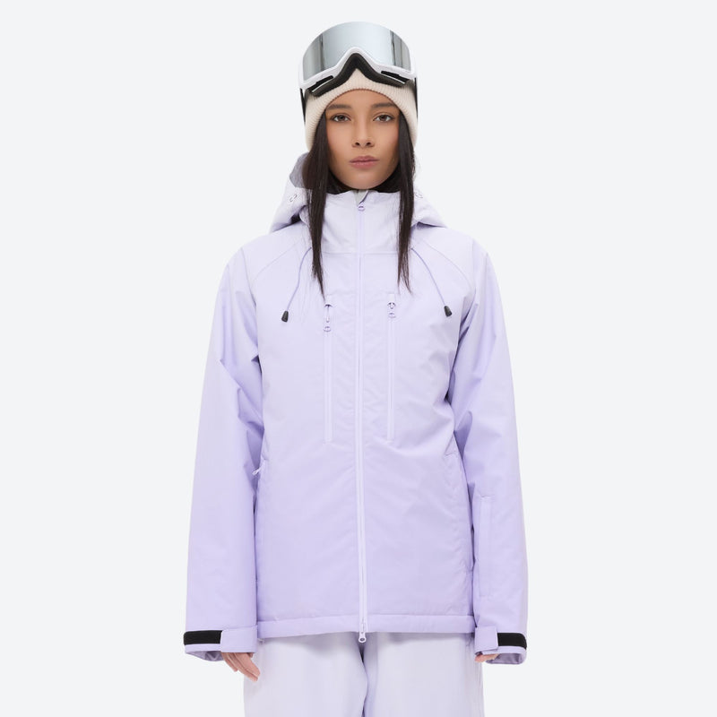 Women's waterproof 3L snow jacket and pants series - lavender, on-model full-body front view, for skiing and snowboarding