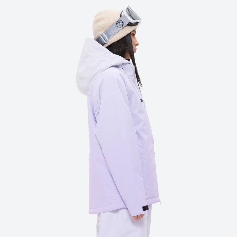 Women's breathable ski jacket set in pastel colors - lavender, on-model hood side view, for skiing and snowboarding