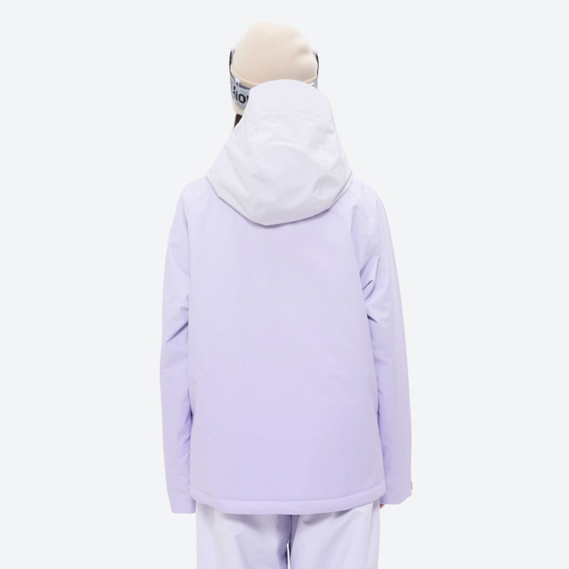 Women's 3-layer snowboard jacket and pants - lavender, on-model back hood view, for resort and backcountry days