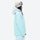 Women's breathable ski jacket set in pastel colors - mint ice blue, on-model hood side view, for powder and piste riding