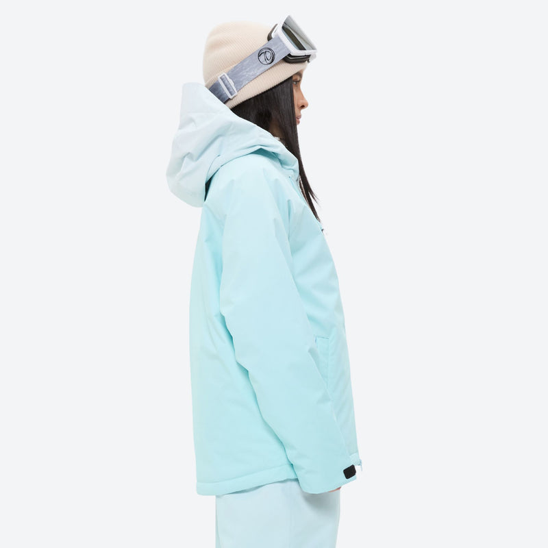 Women's breathable ski jacket set in pastel colors - mint ice blue, on-model hood side view, for powder and piste riding