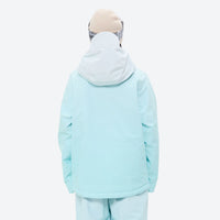 
                  
                    Women's 3-layer snowboard jacket and pants - mint ice blue, on-model back hood view, for cold-weather winter sports
                  
                