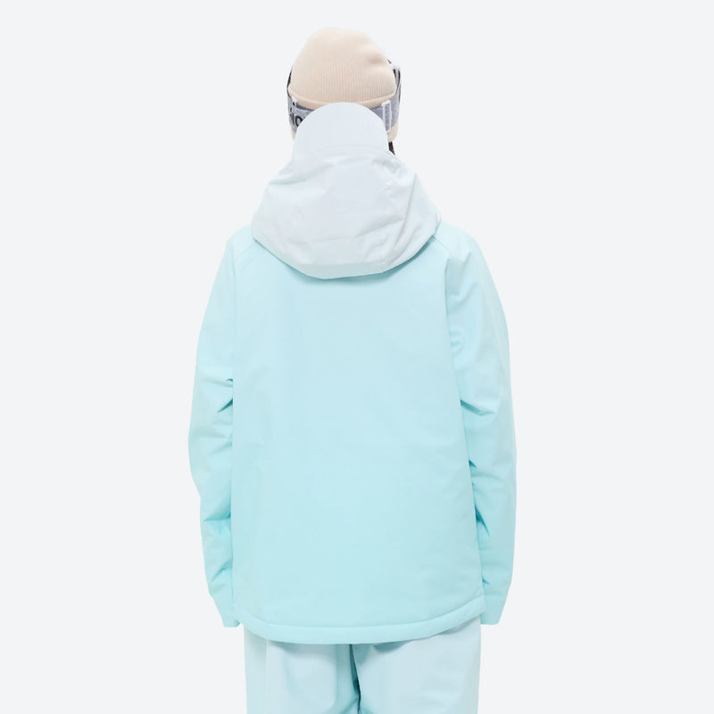 Women's 3-layer snowboard jacket and pants - mint ice blue, on-model back hood view, for cold-weather winter sports